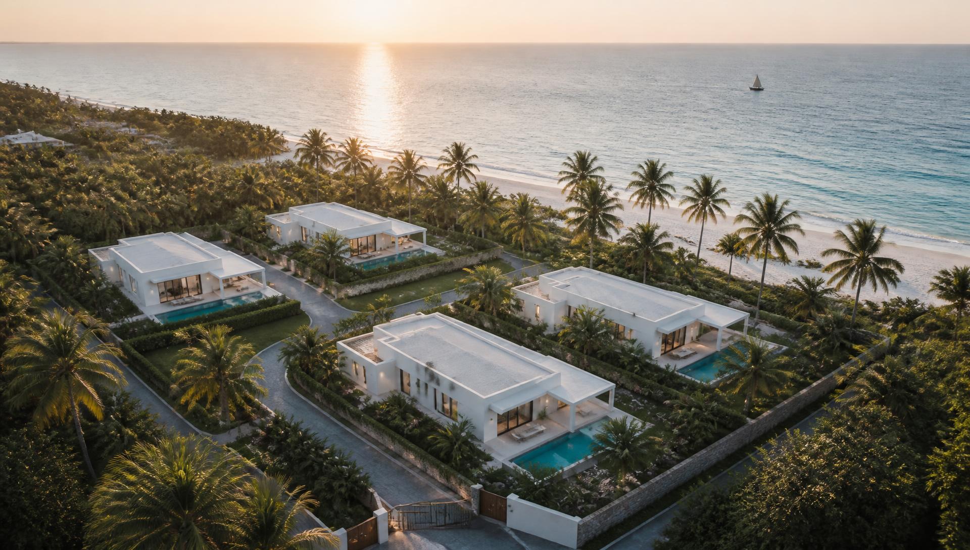 Aerial view of white villas with private pools beside the turquoise Indian Ocean in Zanzibar at golden hour